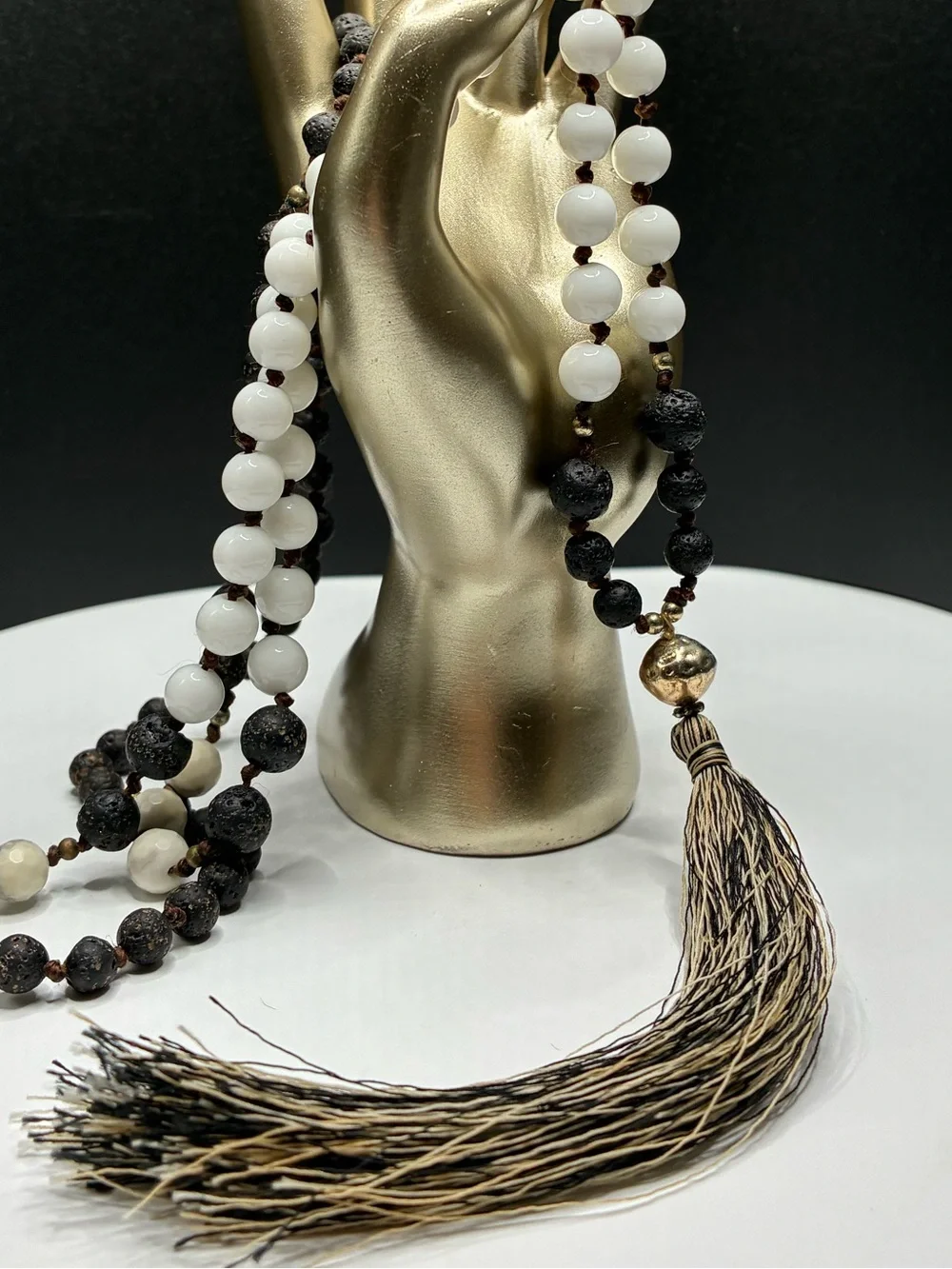 Vintage Layered Mixed Black and White Beaded Necklace with Tassel